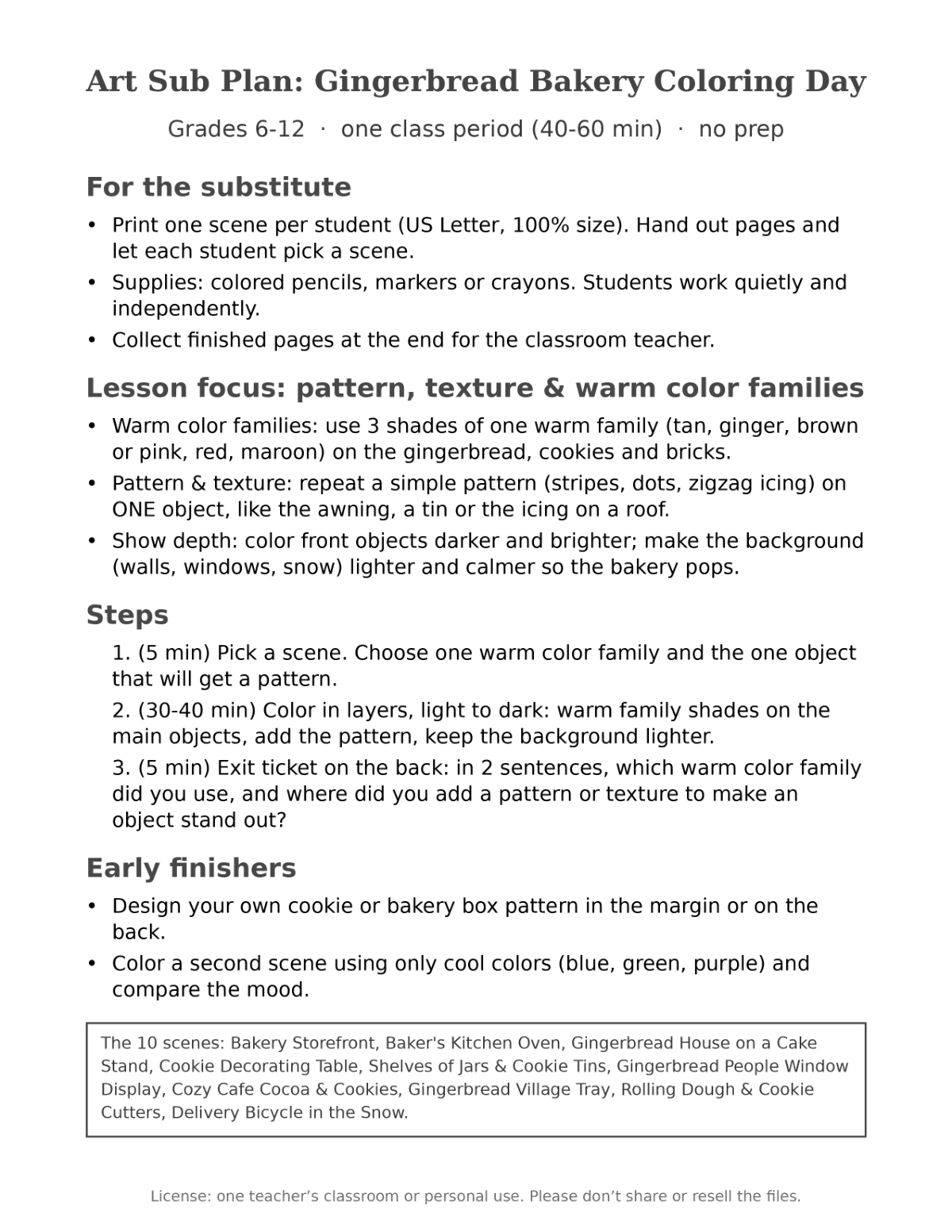 Christmas Coloring Pages for Teens & Adults: Gingerbread Bakery (10 Scenes + Art Sub Plan) preview 2