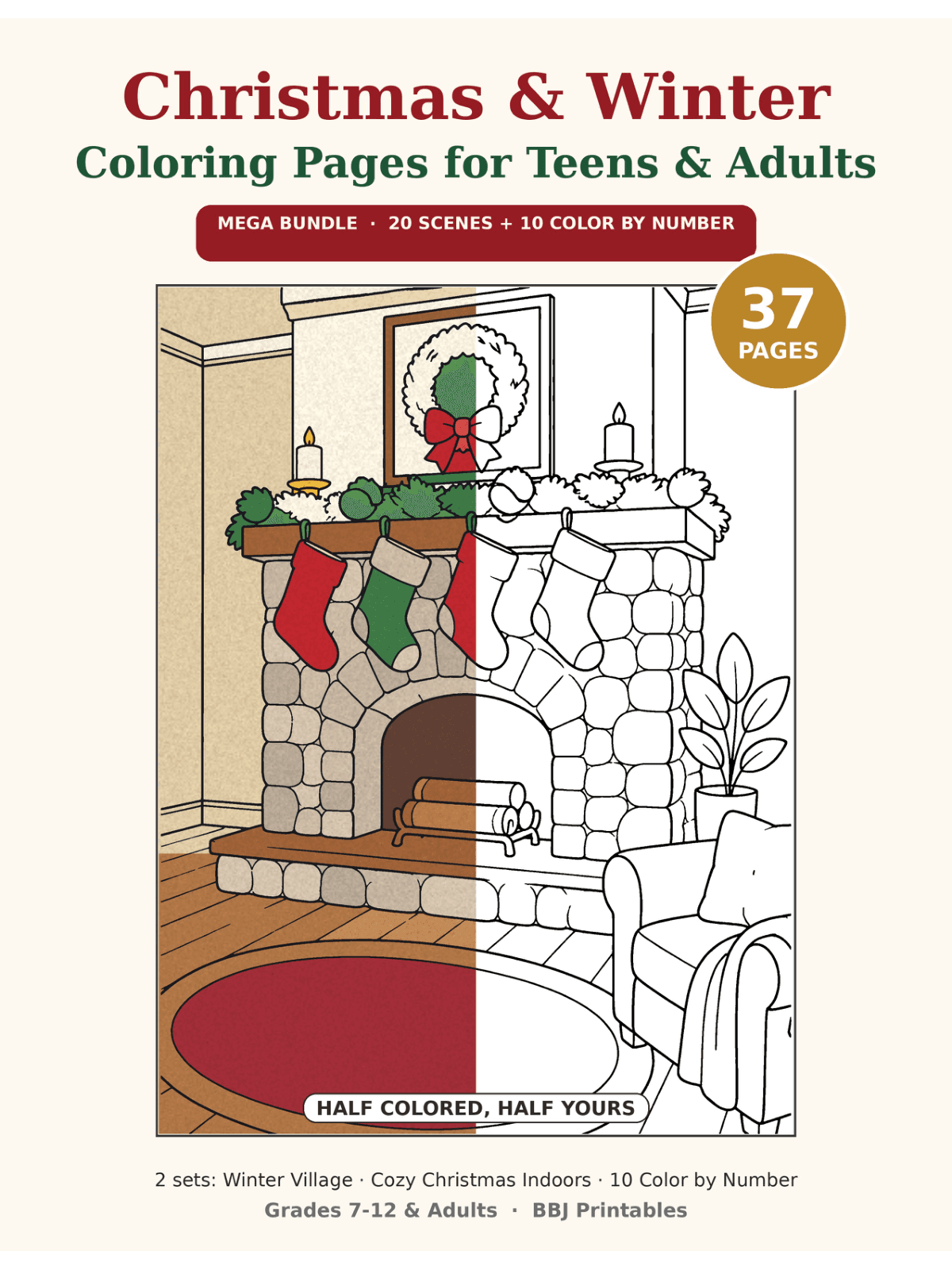 Preview of Christmas & Winter Coloring Pages for Teens & Adults Mega Bundle: 20 Cozy Scenes + 10 Color by Number