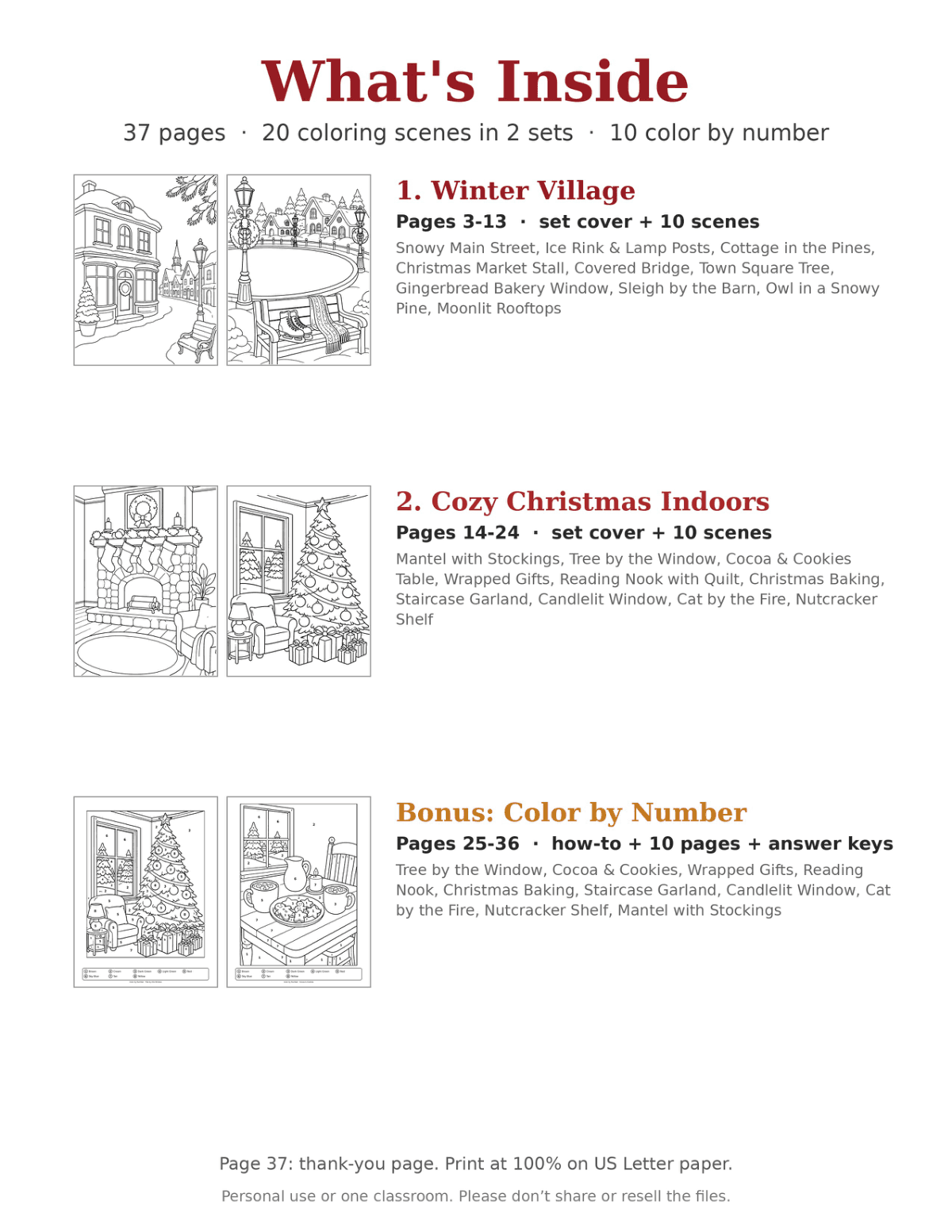 Christmas & Winter Coloring Pages for Teens & Adults Mega Bundle: 20 Cozy Scenes + 10 Color by Number preview 2