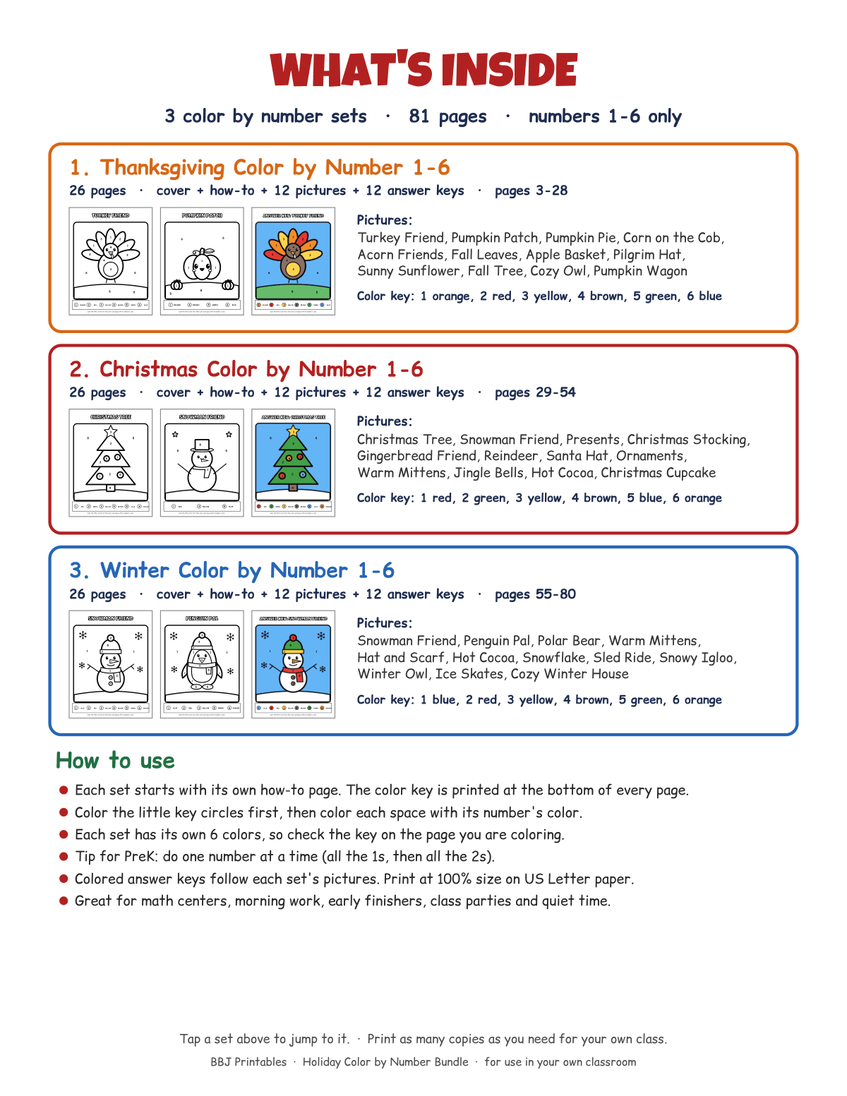 Holiday Color by Number Bundle 1–6: Thanksgiving, Christmas & Winter, 36 Pages + Answer Keys (PreK–2) preview 2