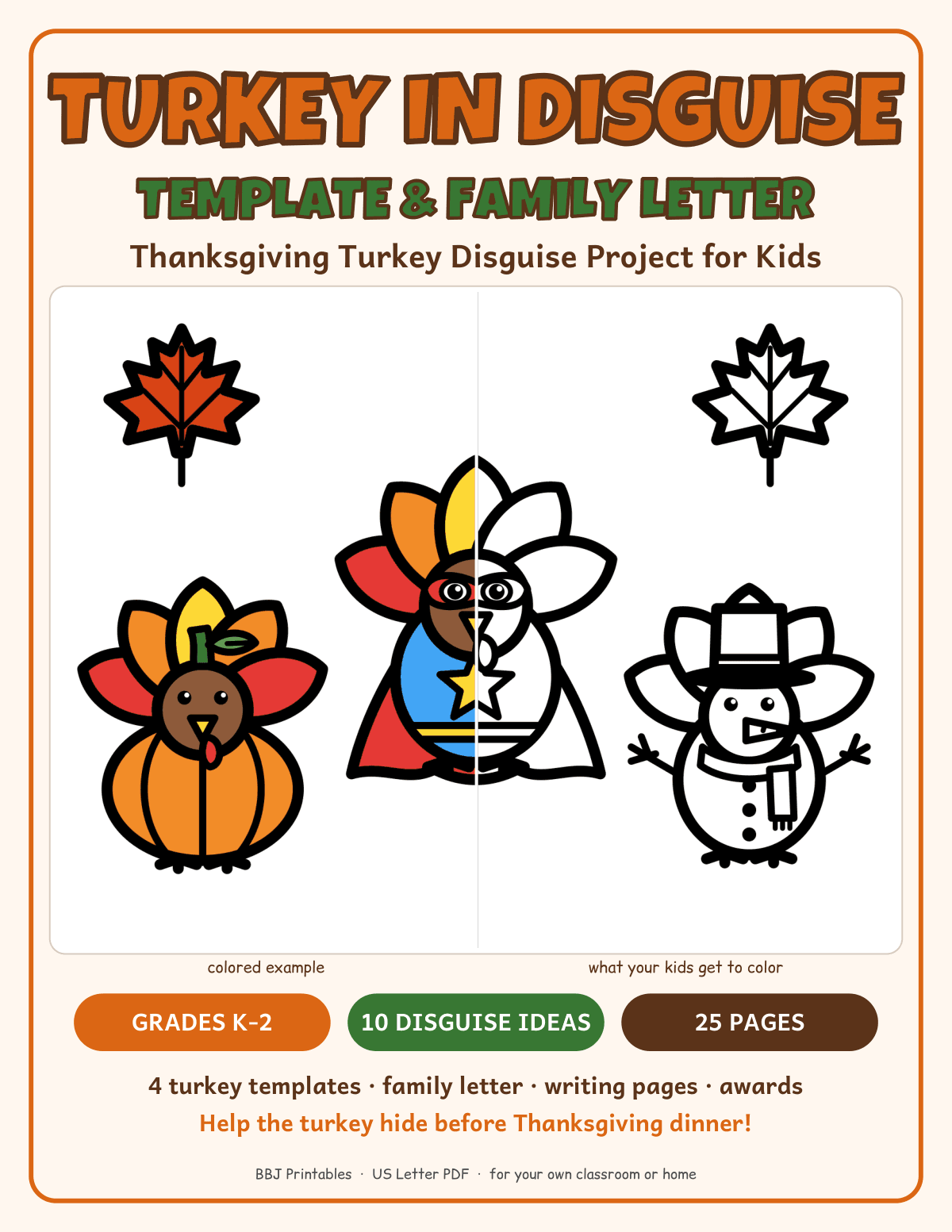 Preview of Turkey in Disguise Template & Family Letter: Thanksgiving Turkey Disguise Project, K-2, 25 Pages