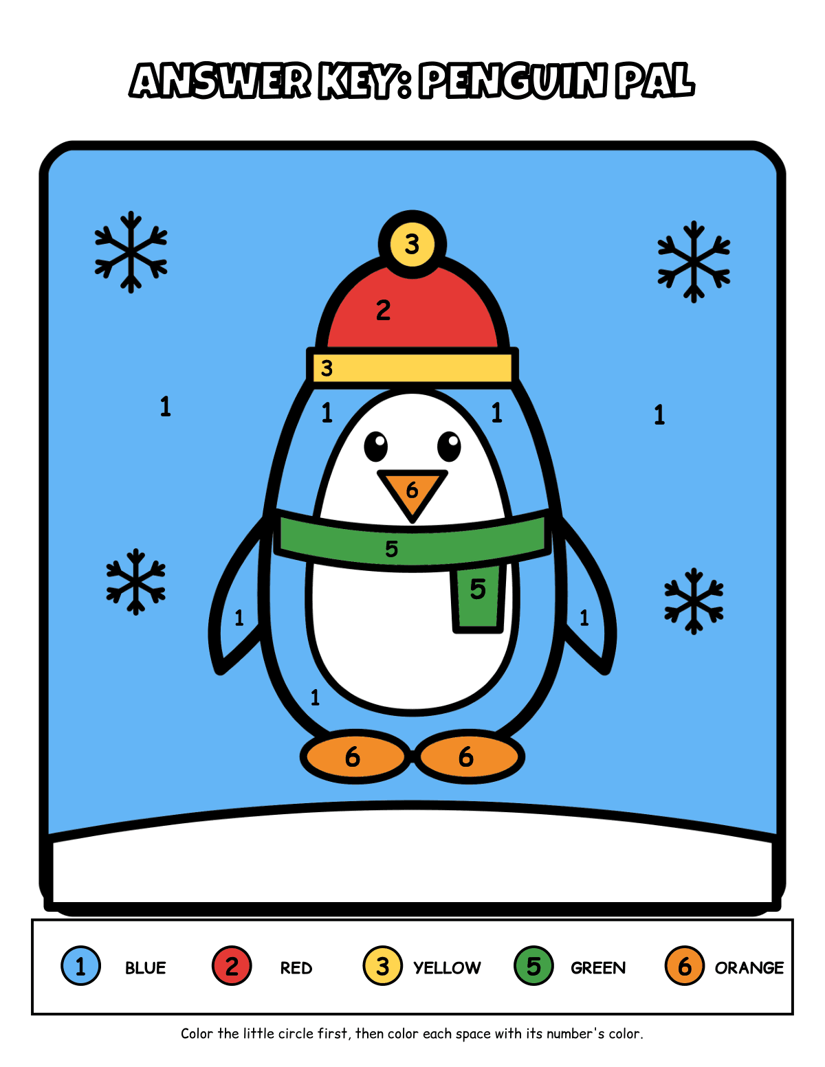 Winter Color by Number 1–6: Snowman, Penguin & More, 12 Pages + Answer Keys (PreK–2) preview 3
