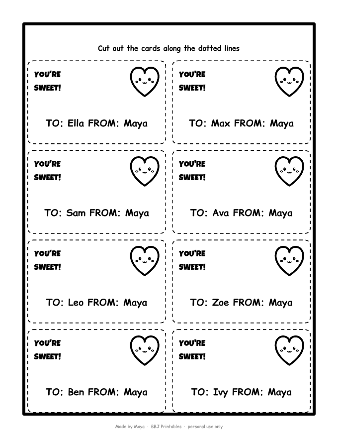 Sample: Card sheet with names