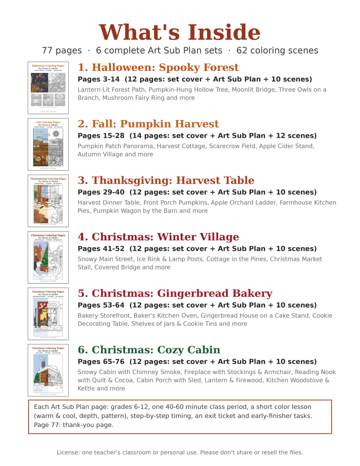 Holiday Coloring Pages for Teens & Adults Bundle: 6 Art Sub Plans (Halloween, Fall, Thanksgiving, 3 Christmas Sets) sample page 1