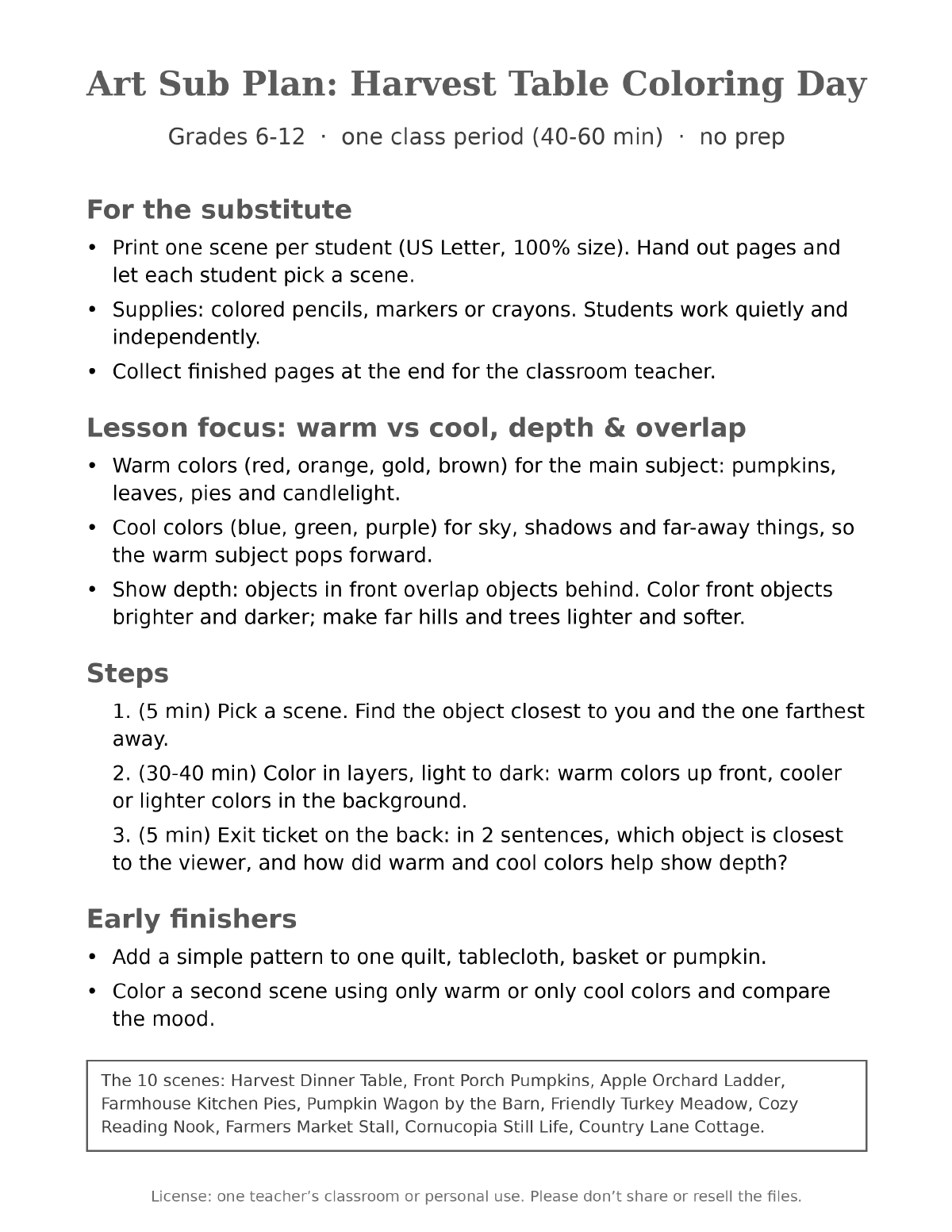 Holiday Coloring Pages for Teens & Adults Bundle: 6 Art Sub Plans (Halloween, Fall, Thanksgiving, 3 Christmas Sets) sample page 2