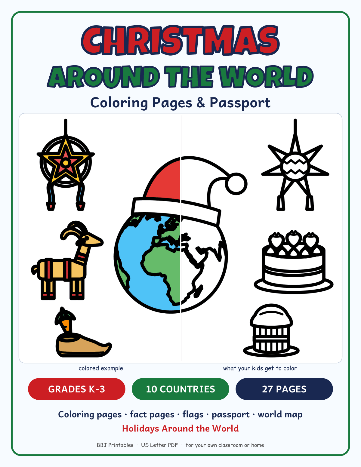Preview of Christmas Around the World Coloring Pages & Passport: K-3, 10 Countries, 27 Pages