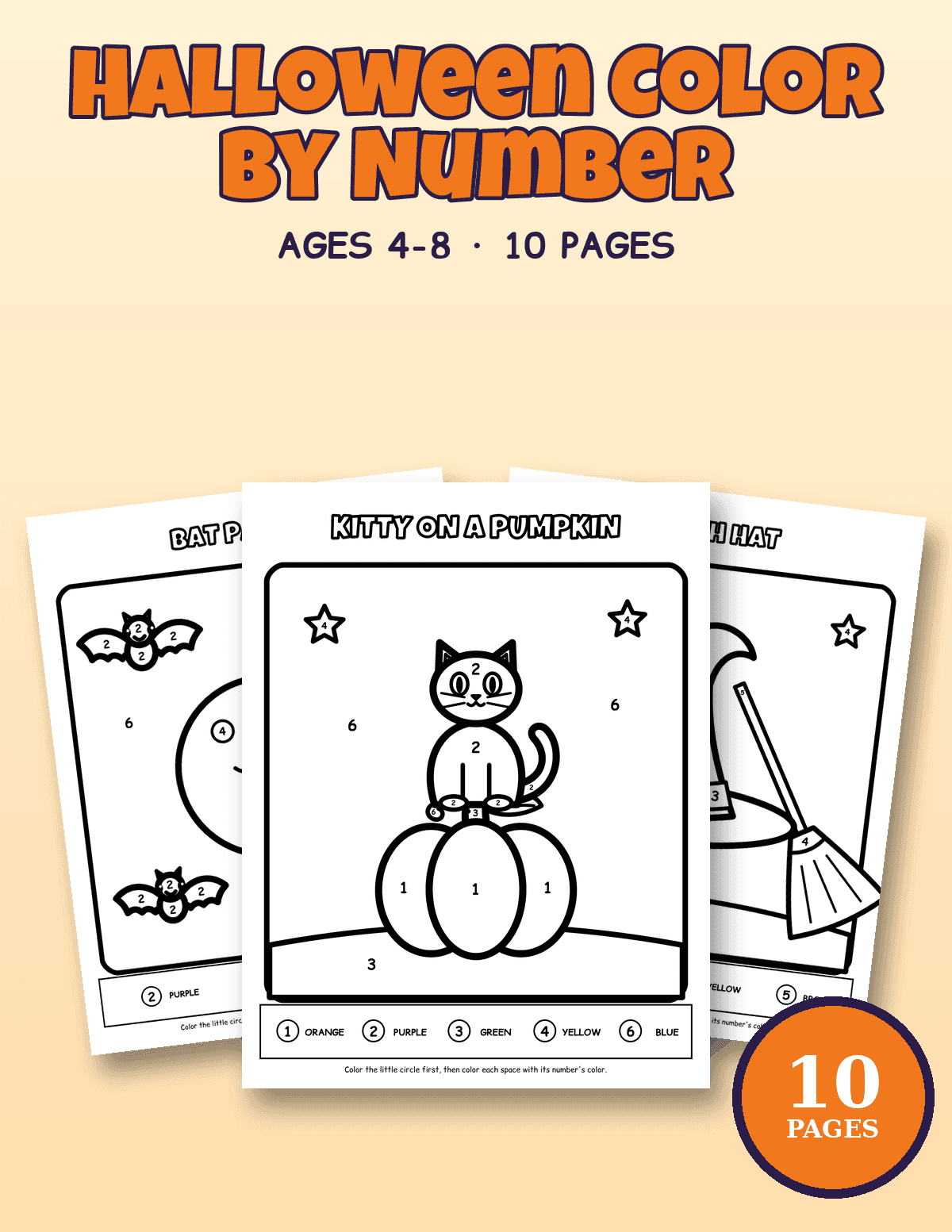 Preview of Kids Halloween Color by Number (10 Pages, Ages 4–8)