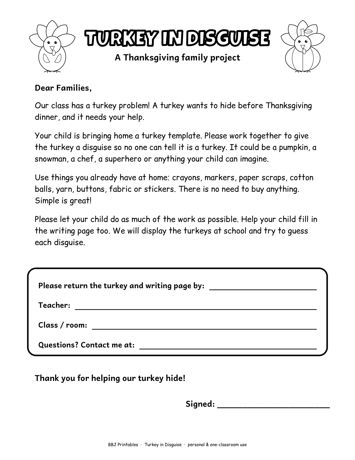 Turkey in Disguise Template & Family Letter: Thanksgiving Turkey Disguise Project, K-2, 25 Pages sample page 1