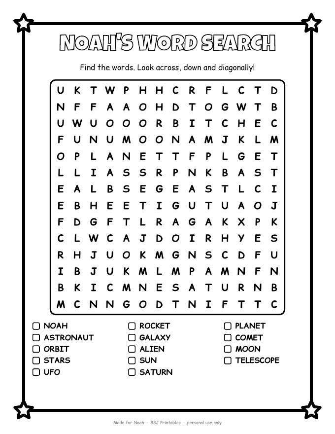 Sample Word search with the name